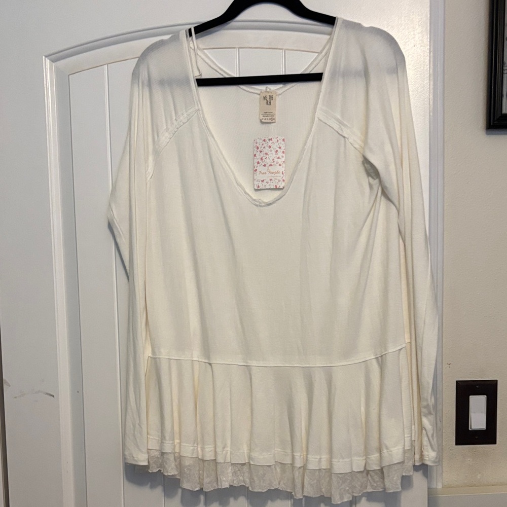 Free People Ivory V-Neck Long Sleeve Top